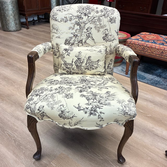 Textile Early 20th Century Louis XV Style French Toile Arm Chairs (2) With Matching Pillows For Sale - Image 7 of 10