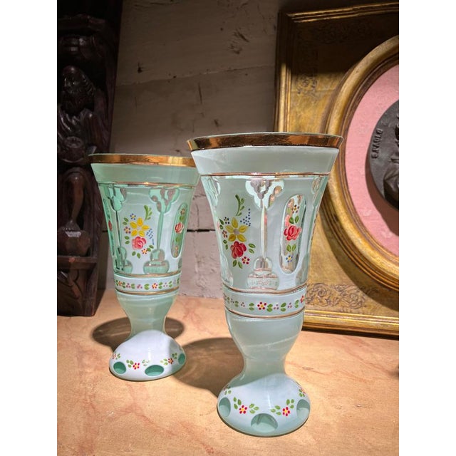 Fine pair of antique Bohemian goblets dating from the late 19th to early 20th century, executed in richly coloured blue...