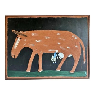 Jimmy Lee Sudduth “Man Milking a Cow” – Large Original Painting, Nyt Obituary Featured, With Gallery Receipt For Sale