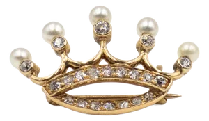 Antique 14k Yg Diamond Pearl Crown Pin Brooch
