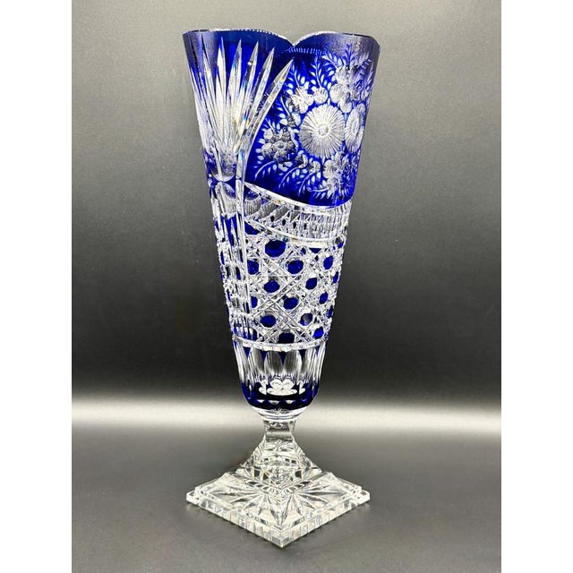 Meissen crystal cobalt blue overlay cut crystal vase, hand engraved floral lead crystal, german bleikristall, vintage...