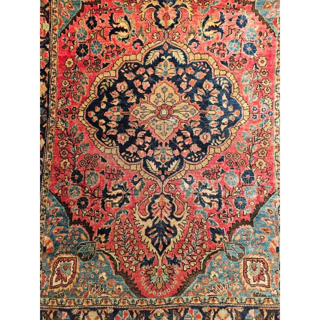 Red Vintage Persian Sarouk Area Rug, Hand-Knotted Wool, Floral Medallion, 3x5, Red & Turquoise For Sale - Image 8 of 14