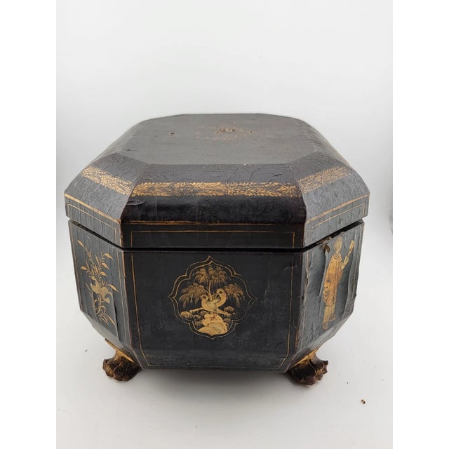 Rare Mid 1800's Antique Chinese Gilt Lacquered Tea Caddy W/ Pewter Containers. For Sale - Image 4 of 12