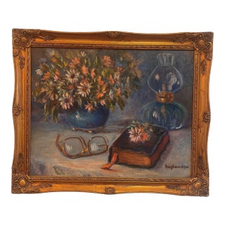 Floral Arrangement With Bible Still Life Original Oil Painting by Artist Marguerite Cravens Hughes (American, 1906-1994) Mid Century Framed For Sale