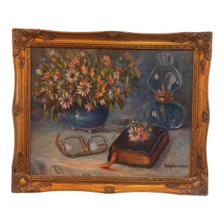 Floral Arrangement with Bible Still Life Original Oil Painting by Artist Marguerite Cravens Hughes (American, 1906-1994) Mid Century Framed For Sale