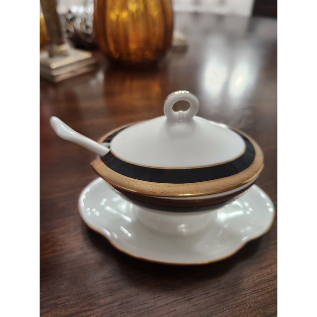 Richard Ginori Italian Porcelain Condiment Dish & Spoon..A beautiful vintage Italian white, black and gold porcelain...