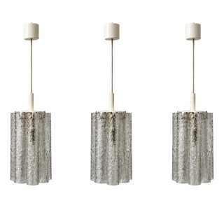Mid-Century Ice Glass Pendant Lights from Doria Leuchten, Germany, 1960, Set of 3 For Sale