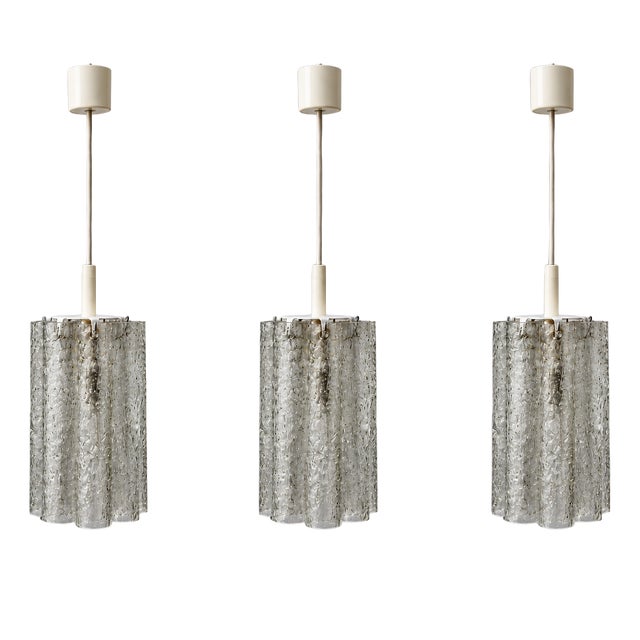 Mid-Century Ice Glass Pendant Lights from Doria Leuchten, Germany, 1960, Set of 3 For Sale