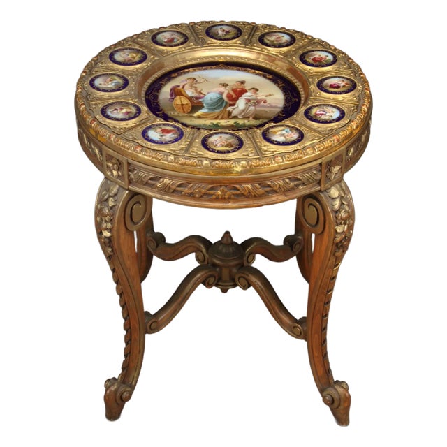 19th Century Austrian Vienna-Style Hand-Painted Porcelain and Giltwood Gueridon For Sale