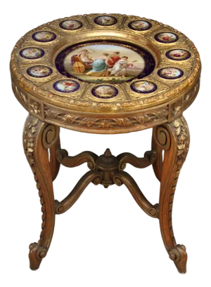 19th Century Austrian Vienna-Style Hand-Painted Porcelain and Giltwood Gueridon