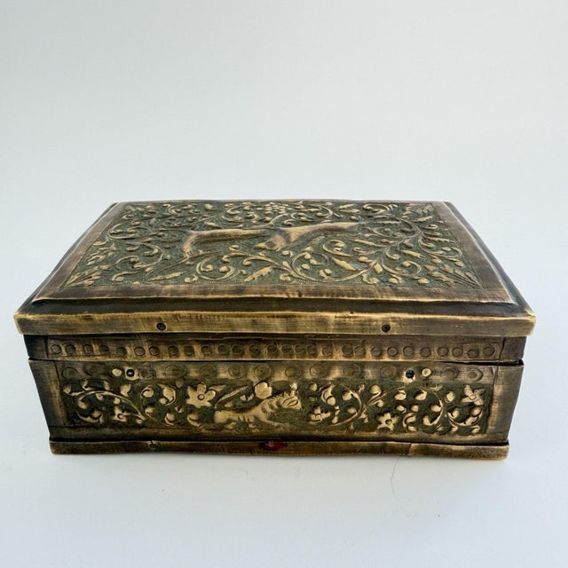 Art Nouveau Antique Art Nouveau Repousse Brass Lidded Box 5.25"x3.25"x2.5" Wolf Deer Trinket For Sale - Image 3 of 12