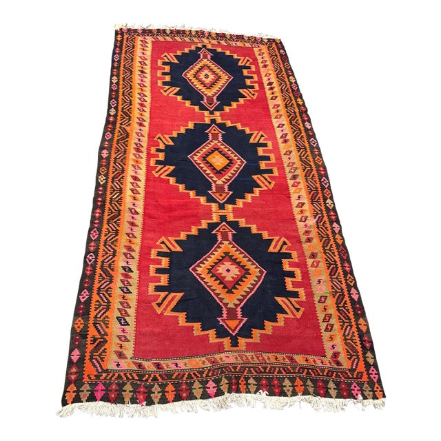 Vintage Handwoven Kilim Runner With Triple Medallion Design For Sale