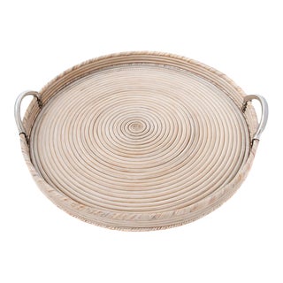 Artifacts Rattan Round Tray with Stainless Steel Handles in White Wash - 22" For Sale