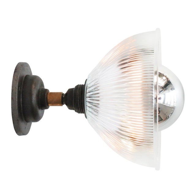 Clear Holophane Glass and Cast Iron Sconce For Sale - Image 3 of 6