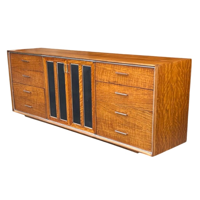 Mid-Century Modern Mid-Century Modern Walnut Credenza With Black Panel Doors Floating Base For Sale - Image 3 of 16