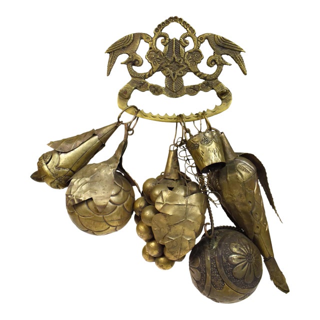 Antique Brass Fruits and Gourd Model Figurines Ornaments With Wall Hanging Rack Decor - 7 Pieces For Sale