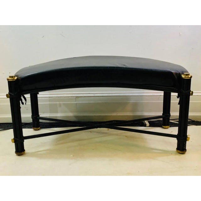 Great Post Modern Bench With Black Leatherette Seat And Black Enameled X Stretcher And Brass Legs And Polished Brass...