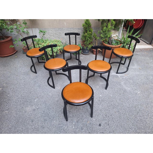 Chairs in Black Lacquered Wood with Brown Leather Seats attributed to Tito Agnoli, 1960s, Set of 6 For Sale - Image 6 of 9