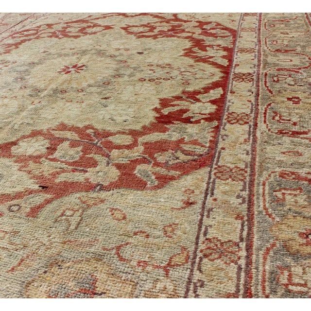 Mid 20th Century Fine Turkish Oushak Rug With Centre Medallion in Light Red and Ivory For Sale - Image 5 of 7