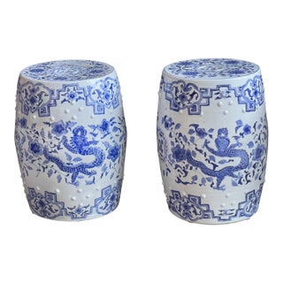 Pair of Chinese Blue and White Garden Stools For Sale