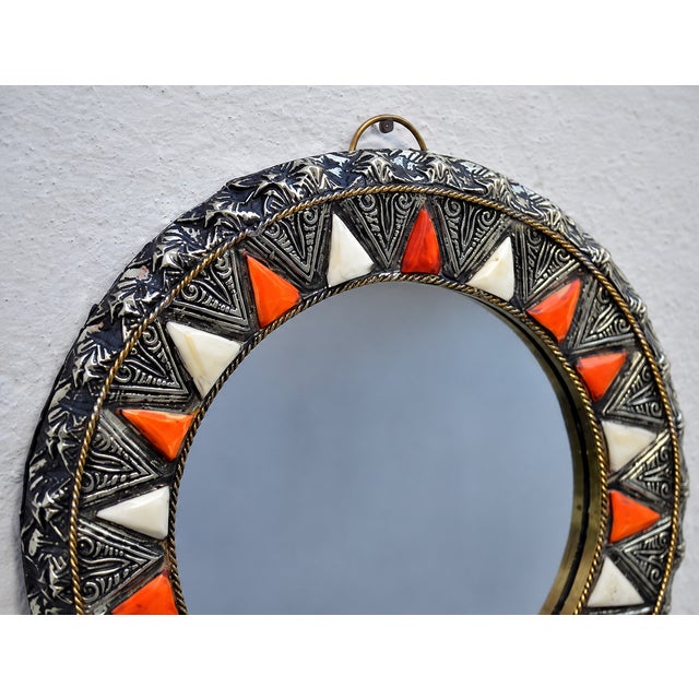 2020s Handcrafted Moroccan Round Bone Inlay Wall Mirror For Sale - Image 5 of 6
