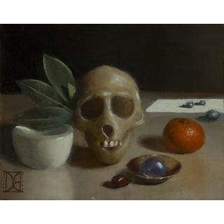 Monkeys and Stones by Destiny Bowman | Oil on Wood Panel Still life with a skull and fruit For Sale