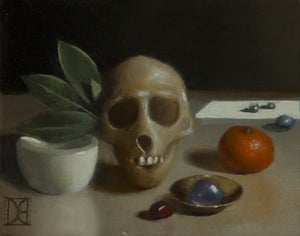 Monkeys and Stones by Destiny Bowman | Oil on Wood Panel Still life with a skull and fruit