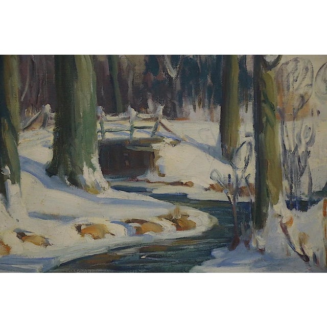 Textile Vintage Winter Landscape-Signed Oil/Canvas-Listed American Artist Robt. Palliser-Silver Leaf Frame For Sale - Image 7 of 10