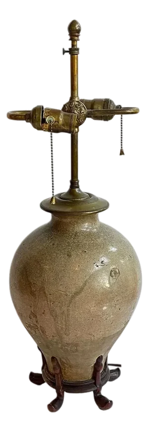 Large Chinese Tang Pottery Wan Nian Jar Two-Light Table Lamp