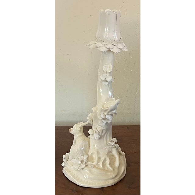 White Antique 18th Century Derby Porcelain Blanc De Chine Candlestick Holder Faux Bois Tree Form Stem With a Goat For Sale - Image 8 of 17