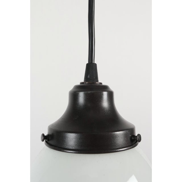 1920s Schoolhouse White Milk Glass Black Wire Pendant Light For Sale - Image 10 of 11