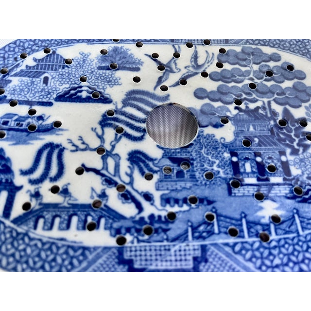 Blue Antique English Blue Willow Pierced Ceramic Fish Platter Drainer, 8" For Sale - Image 8 of 8