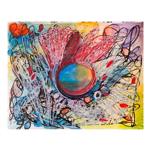 White Flower – Abstract Circular Composition With Dynamic Linework in Oil Markers and Acrylics on Paper – 18 X 24 In For Sale