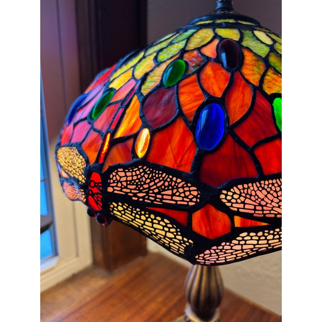 Late 20th Century Mid 20th Century Styled After Tiffany Leaded Stained Glass Dragonfly Table Lamp For Sale - Image 5 of 11