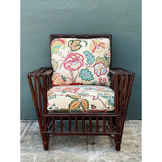 Mid-Century Modern Vintage Stick Rattan Lounge Chair in Vintage Schumacher Paisley For Sale - Image 3 of 12