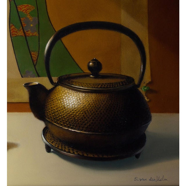 Tea and Cookies by Sarah van der Helm | Oil on panel Still life of a teapot and fortune cookies For Sale - Image 4 of 5