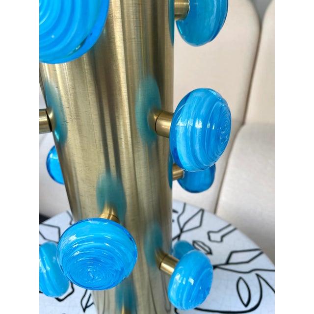 Metal Contemporary Brass and Blue Murano Glass Spiral Lamps, Italy - a Pair EU Wired For Sale - Image 7 of 12