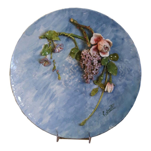 Mid-Century French Hand Painted Ceramic Barbotine Floral Platter, Signed Lefranc For Sale