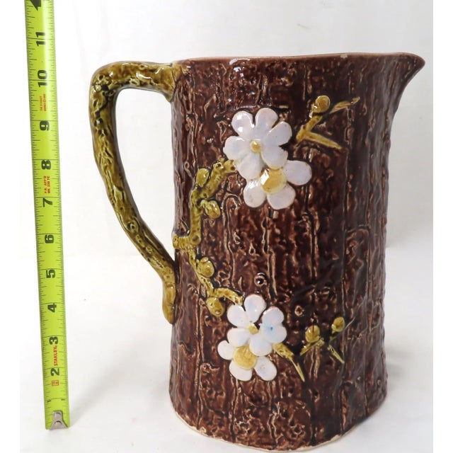 Large Size Antique American Victorian Majolica Dogwood Tree & Flower Pitcher For Sale - Image 9 of 13