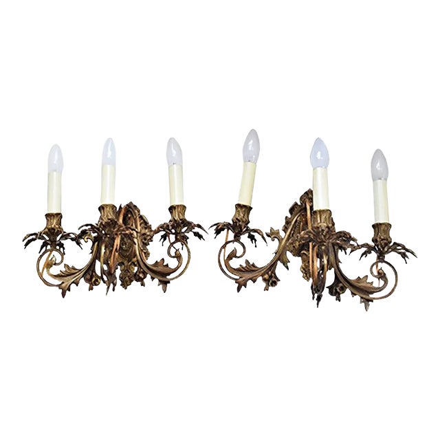 French Gilt Bronze Rococo Style Sconces, 1920s, Set of 2 For Sale