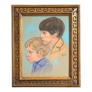 1972 Original Pastel Portrait of Two Brothers, Framed For Sale