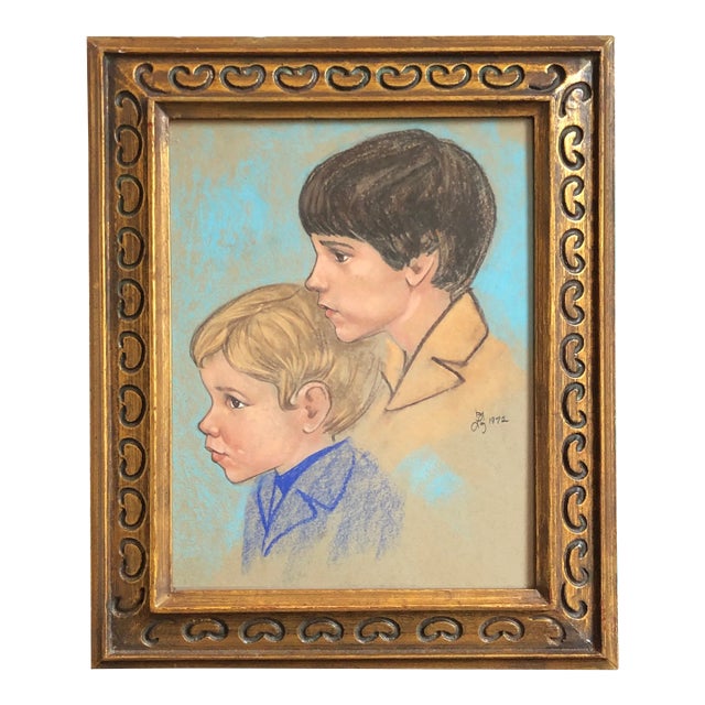 1972 Original Pastel Portrait of Two Brothers, Framed For Sale