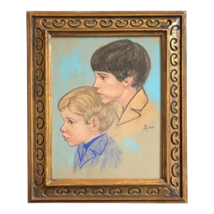 1972 Original Pastel Portrait of Two Brothers, Framed