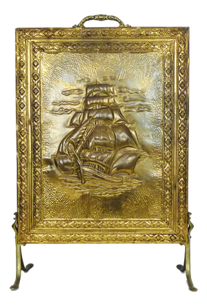 Embossed Brass Fireplace Screen with Sailboat Motif, 1960s