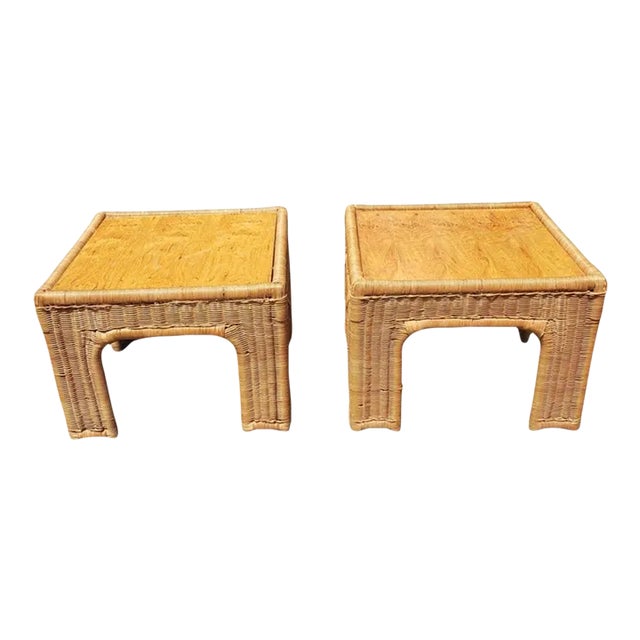 Pair of Vintage Woven Wicker and Wood Top Side Tables by Thomasville For Sale
