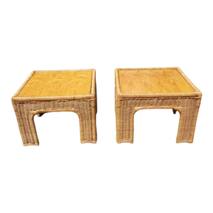 Pair of Vintage Woven Wicker and Wood Top Side Tables by Thomasville