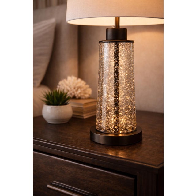 Early 21st Century Contemporary Seeded Bubble Glass Table Lamps With Linen Drum Shades - a Pair For Sale - Image 5 of 7