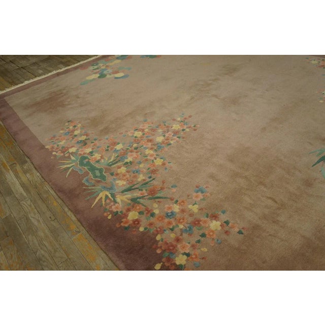 1920s Tan Taupe Open Field Floral Antique Chinese Art Deco Carpet 8'10'' X 11'8'' Knotted Wool Rug For Sale In New York - Image 6 of 12