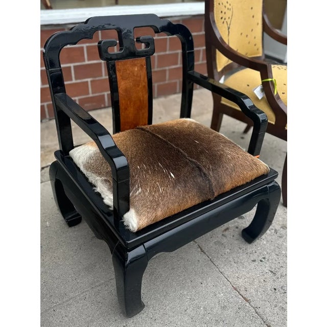 Mid 20th Century Vintage Chinese Ming Style Black Lacquer & Cowhide Arm Chair For Sale - Image 5 of 5