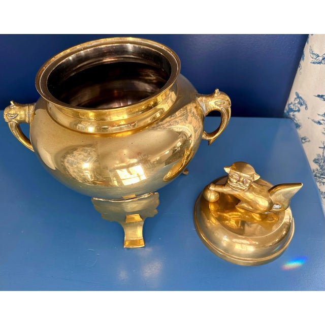 Metal Vintage Brass Foo Dog Urn Censer For Sale - Image 7 of 11